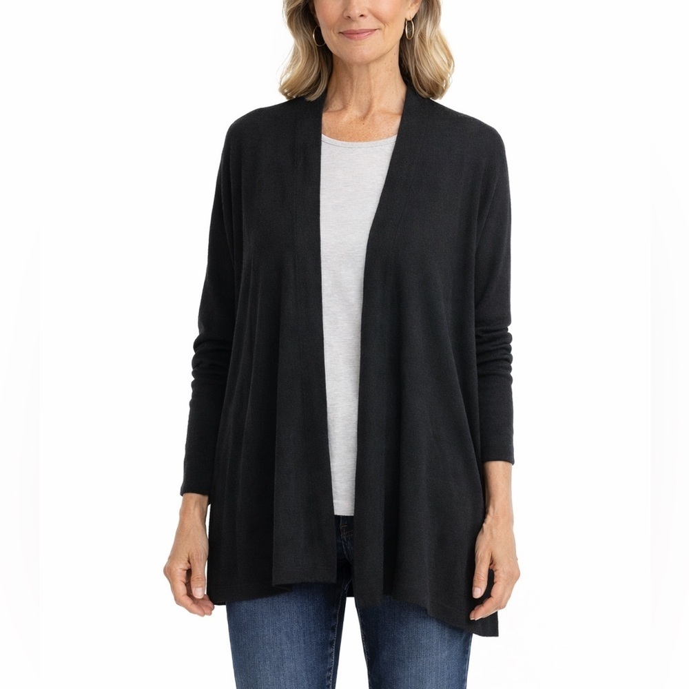Eileen Fisher Black Knit Open Front Cardigan Italian Yarn Women’s Size Large